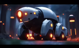 some robot humanoids with glowing eyes are in the dark