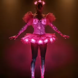 a ballerina performing on stage with pink lighting