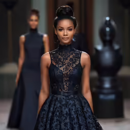 two models on the runway, one wearing a dress with lace