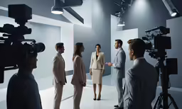 a professional camera crew filming the scene in an empty studio