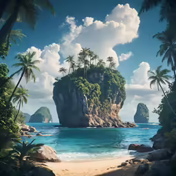 a tropical island with palm trees on the coast