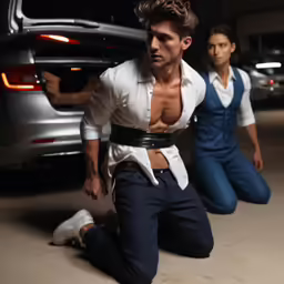 two men kneeling down next to a car, one pulling the tail end of his vehicle