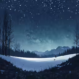 a snowy landscape of trees and a person on a hill,a snow scene with some trees and stars