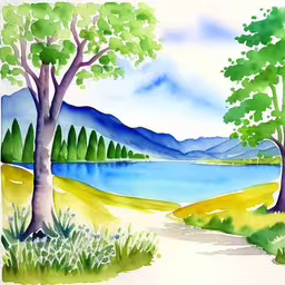a painting of trees by the water,painting of landscape with trees and river,a watercolor painting of a scenic lake with trees,there are trees that have been painted by a water color,a watercolor painting of trees on a sunny day