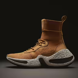 a brown high top sneaker with two different soles and a rubber toe