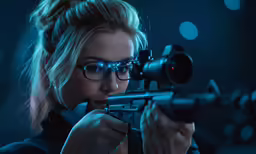 a woman is aiming her rifle at the point