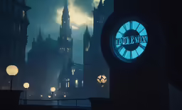 a clock sits on the edge of a balcony overlooking buildings