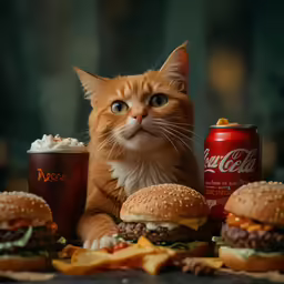 an orange cat is surrounded by hamburgers and drinks