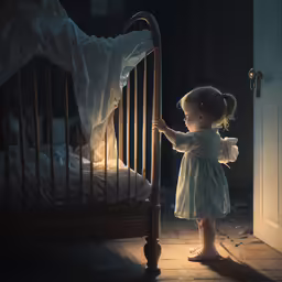 a little girl is standing in a crib