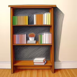 a book shelf with books and vase on it,a book shelf with three rows of books on it,a wooden shelf with many books on it,a drawing of a bookshelf filled with different colored books,a book shelf is standing in front of a wall with books on it