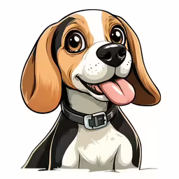 cartoon dog with a collar and tongue is looking up at the camera