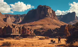 a man walking in the desert with a dog