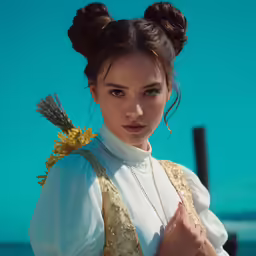 the woman is dressed up with long necklaces and a dress