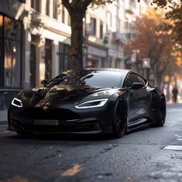 a black sport car in the middle of an urban street