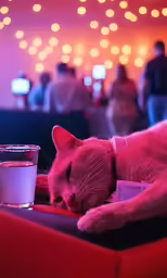 the cat is laying on the armrest of the couch beside a glass of water