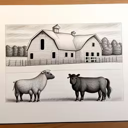 a drawing of two sheep in front of a barn,a drawing of two sheep next to a barn