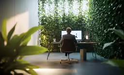 a man sitting at a desk in front of a computer