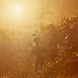 a small child walking up a hill towards the sun