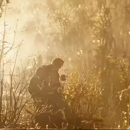 a man walking through some grass in the sunset