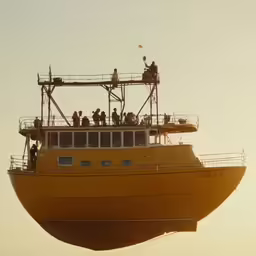 a yellow boat floating in the air while people stand on top
