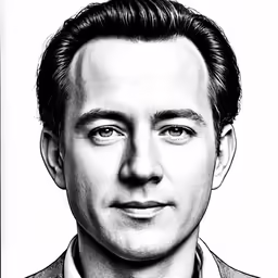 a black and white drawing of a man in a suit