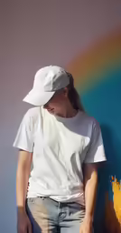 a girl wearing a white hat with a blue and yellow background