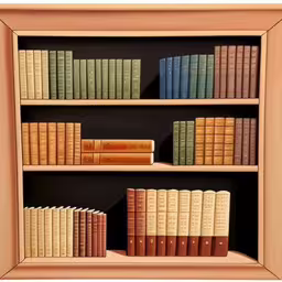 a painting of books on two shelves with leather bindings,four shelves full of old books in a wood frame,the three shelves are displaying several different books,there is a shelf with many books on it,books on two brown shelves with various books in front