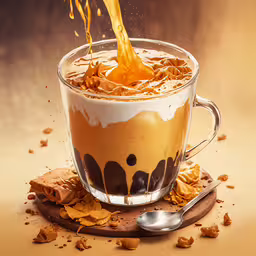 the coffee is poured into the mug on the table,a splash of orange liquid into a cup of coffee