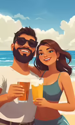 a man and woman drinking beer on the beach