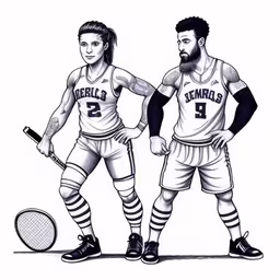 a couple of people that are holding tennis rackets,this is a drawing of two men standing in the same direction,a drawing of two tennis players standing together,the drawing shows a couple of men with a tennis racket,a couple of basketball players standing next to each other