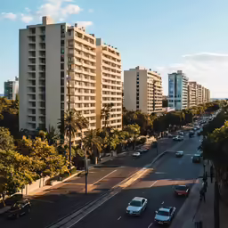 vehicles are driving through an intersection in an urban area