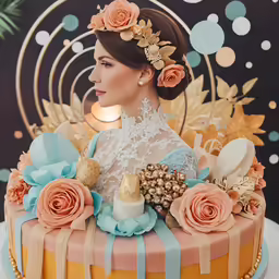 a woman in blue and yellow sitting on top of a cake