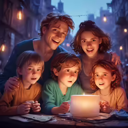 family watching something on table with small child sitting by it