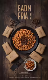 a poster shows a black tray filled with nuts and a couple of sacks sitting on top of each