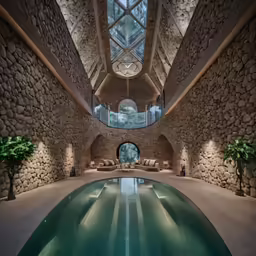 a very big swimming pool surrounded by stone walls