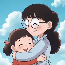 an older asian girl hugging a younger asian girl