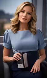 woman in blue dress holding a binder and sitting on grey chair