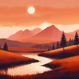 a photo of a sunset, over a meadow with a river,the sun is setting on a mountain valley