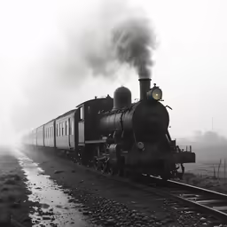 the old steam train is passing through the field
