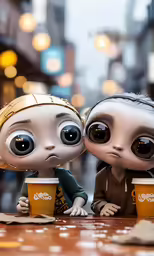 two small dolls sitting next to each other on top of a table