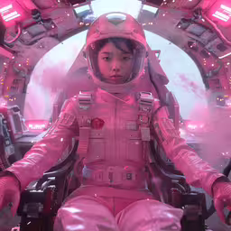 a young child wearing pink spacesuit sitting inside an aircraft,a female in a space suit sitting on a bed