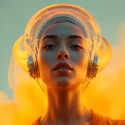 a woman in headphones looking at the camera