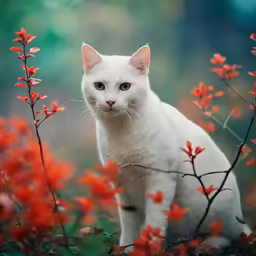 white cat sitting in bright red flowers and greenery