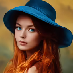 red - haired woman in blue hat, natural photography
