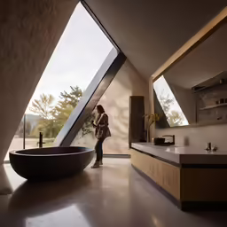a lady standing by a tub in a room with open windows
