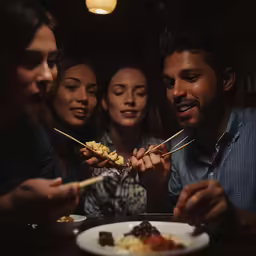a group of friends watching food being served on skewers