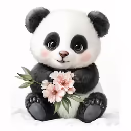an adorable little panda holding a flower while sitting