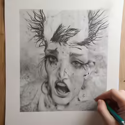 a person holds a pencil drawing of a girl crying