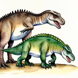 two dinosaurs standing side by side on top of a sandy area