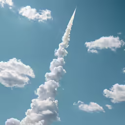 long white jet flying through the air with many clouds